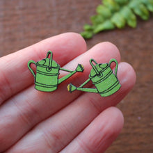 Load image into Gallery viewer, Green watering can stud earrings by Laura Lee Designs wood and stainless steel studs