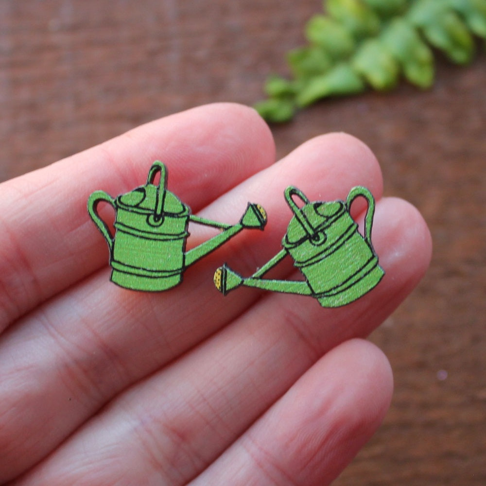 Green watering can stud earrings by Laura Lee Designs wood and stainless steel studs