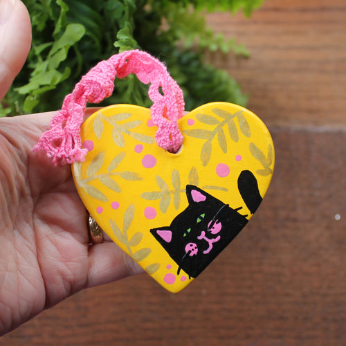 Yellow Kitty Heart - Black Cat - Hand Painted - Ceramic - Ornament - Cat Decoration