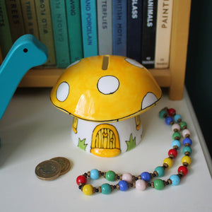 Yellow mushroom money box hand painted fine china toadstool piggy bank by Laura Lee Designs Cornwall