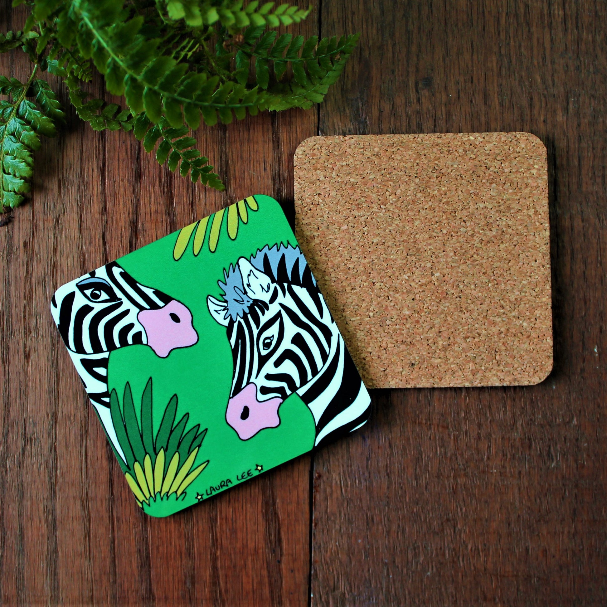 High quality cork backed coaster in a fun and colourful zebra design by Laura Lee designs Cornwall