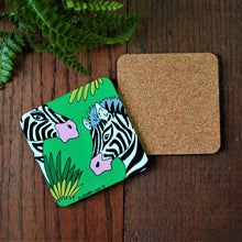 Load image into Gallery viewer, High quality cork backed coaster in a fun and colourful zebra design by Laura Lee designs Cornwall