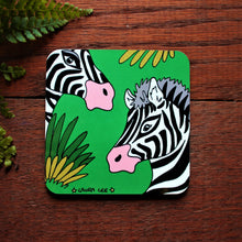 Load image into Gallery viewer, Colourful zebra coaster bright green with black and white striped zebras in long grass by Cornwall based designer artist Laura Lee