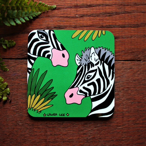 Colourful zebra coaster bright green with black and white striped zebras in long grass by Cornwall based designer artist Laura Lee