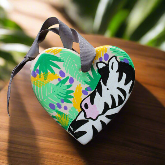 Laura Lee Designs Handpainted Zebra Ceramic Heart Hanging Decoration